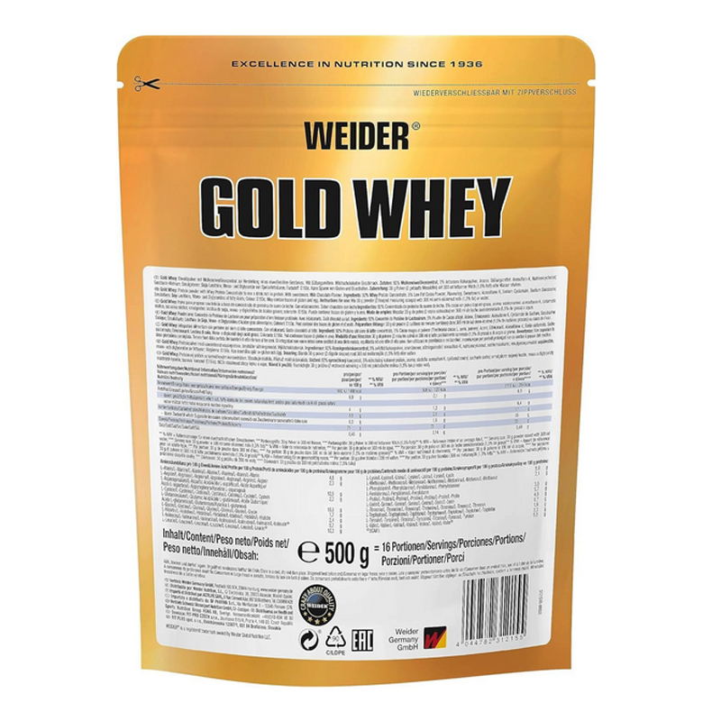 Weider Gold Whey Protein Chocolate, Low Carb, Protein Powder for Fitness and Bodybuilding, 500 g Bag, WN-312151